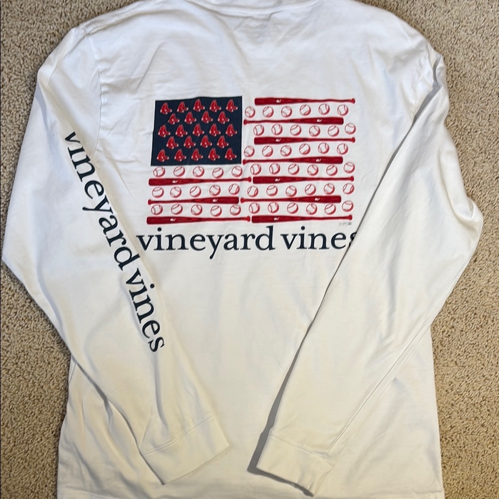 Vineyard Vines White Long Sleeve Tee with Whale Flag Design